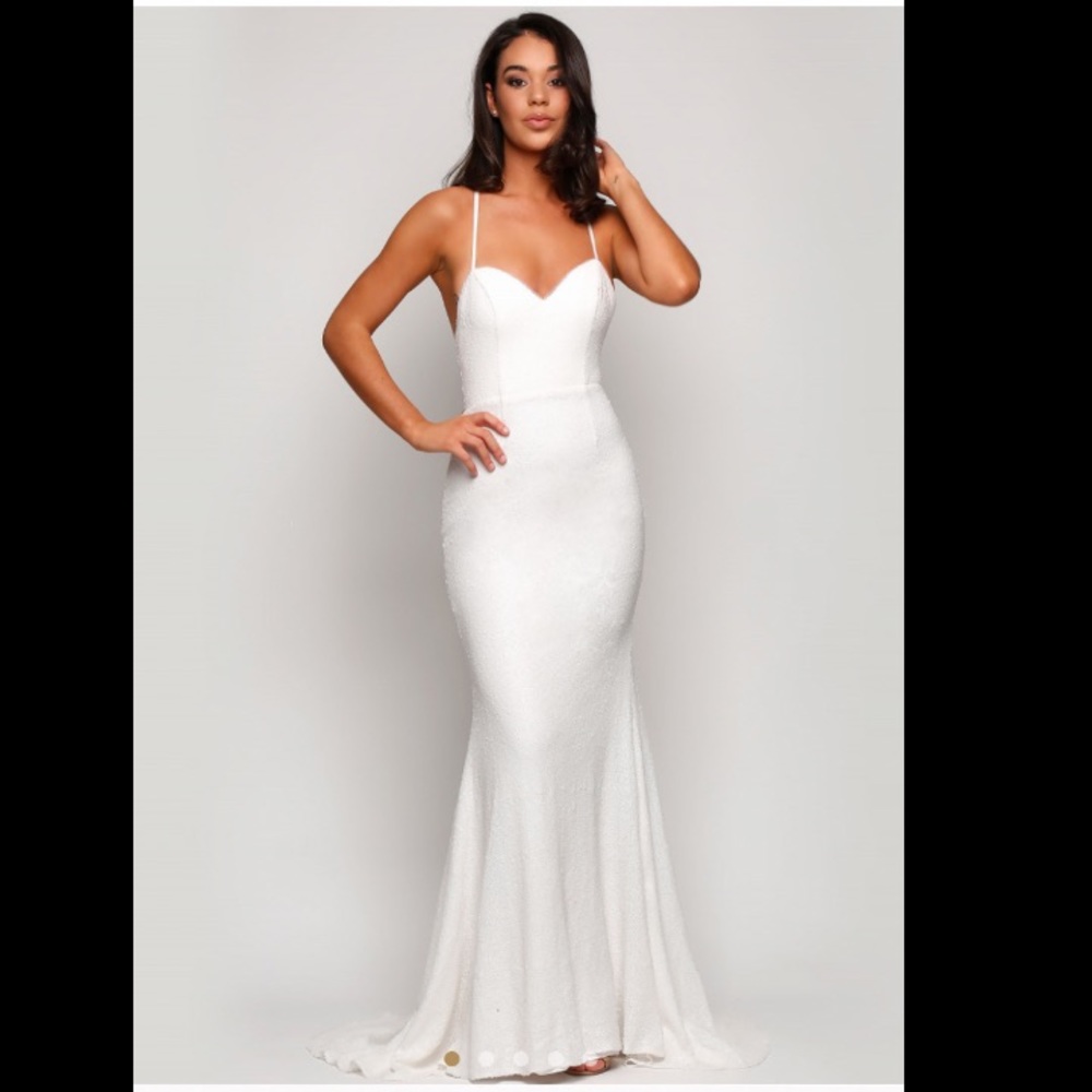White Runway James Cross Back Gown by Sofia Cali